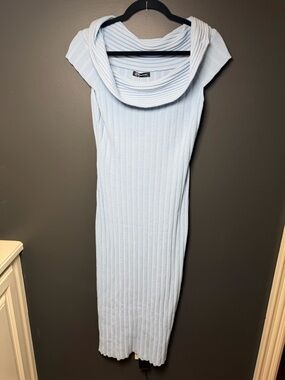 PrettyGarden NWT Light Blue Ribbed Knit Midi Dress Large Off Shoulder Cap Sleeve